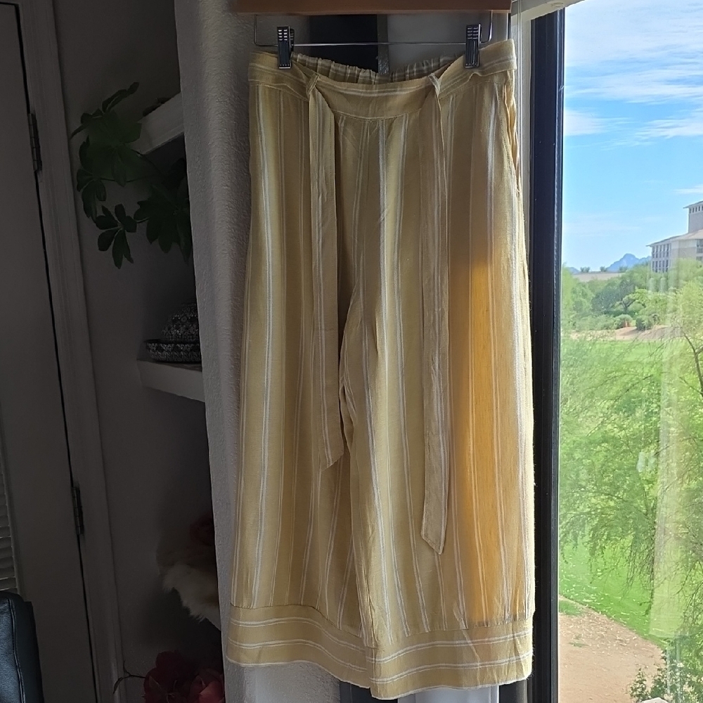 Fate Yellow Striped Cotton Linen Cropped Pants Stretch Waistband With Tie M